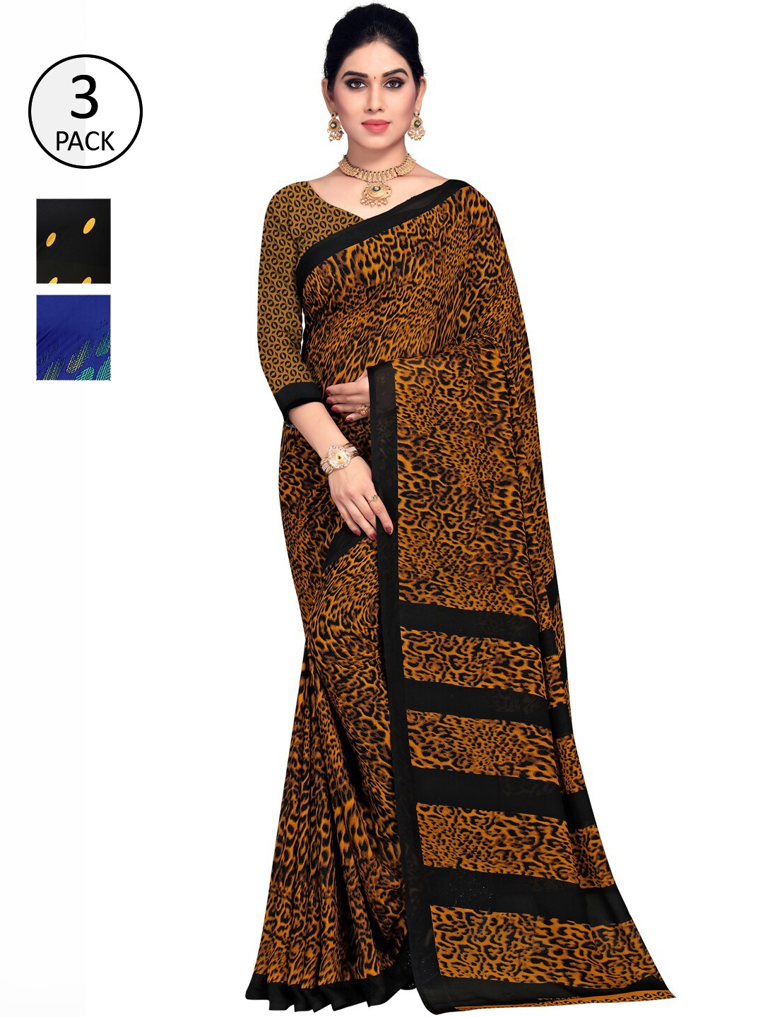 

ANAND SAREES Pack Of 3 Printed Sarees, Brown
