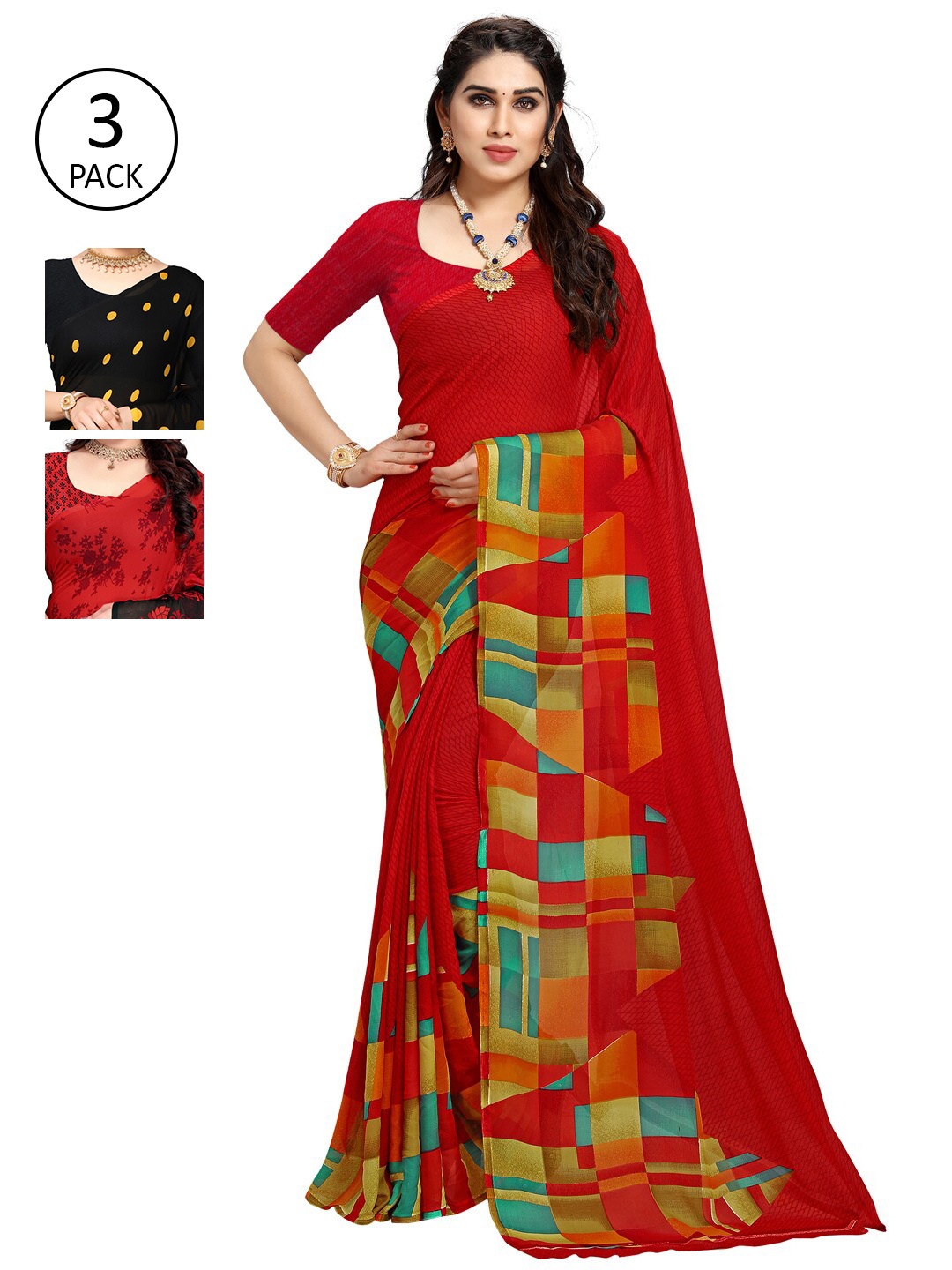 

KALINI Yellow & Black Pack of 3 Printed Saree