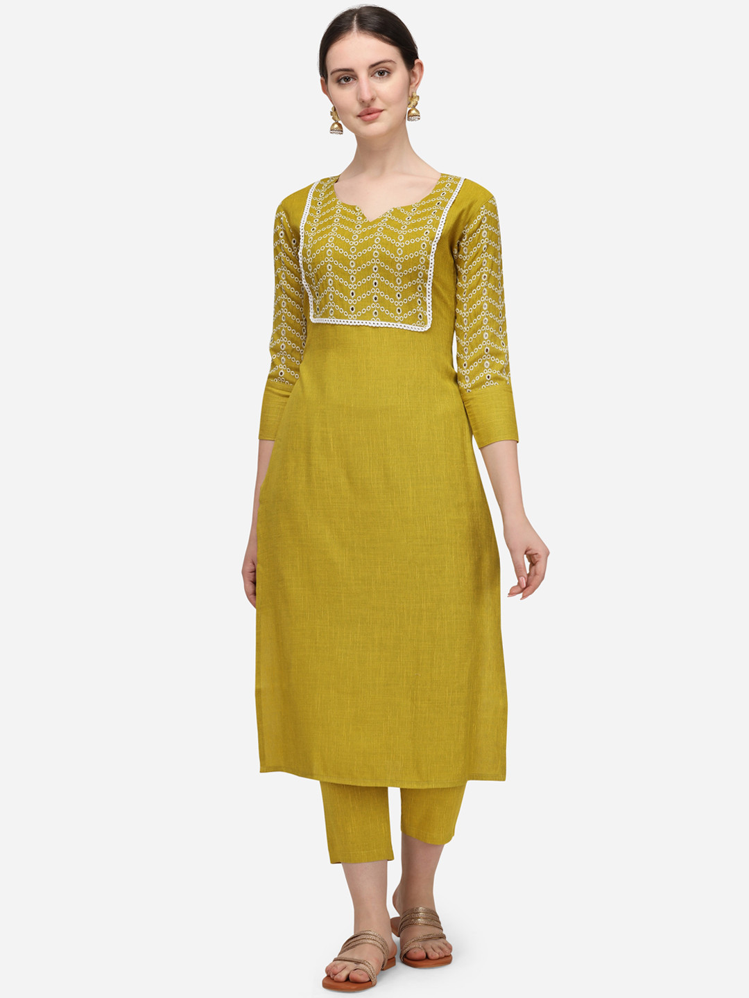 

VAABA Women Olive Green Ethnic Motifs Embroidered Kurta with Trousers Set