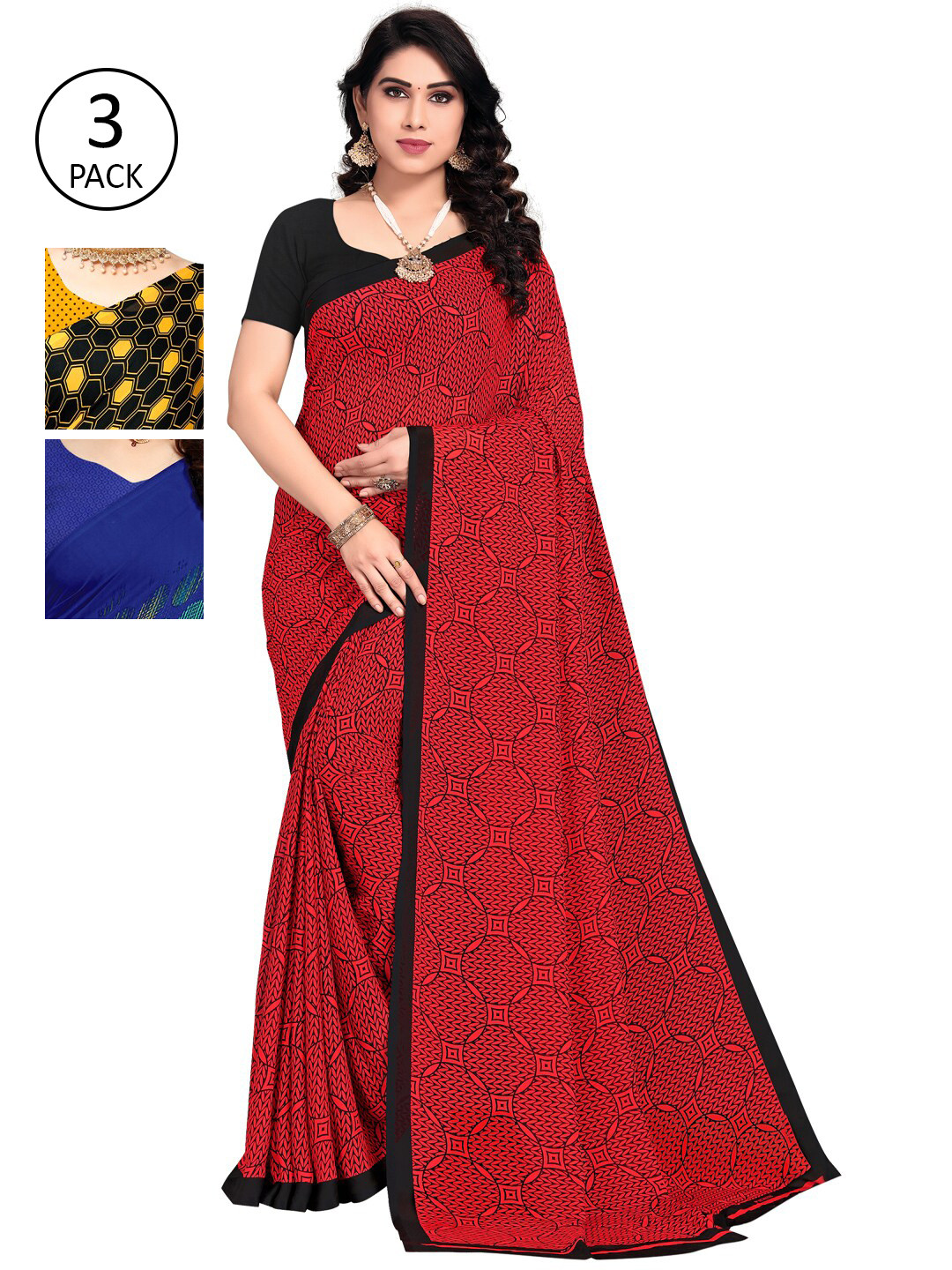 

KALINI Pack Of 3 Yellow & Black Poly Georgette Saree