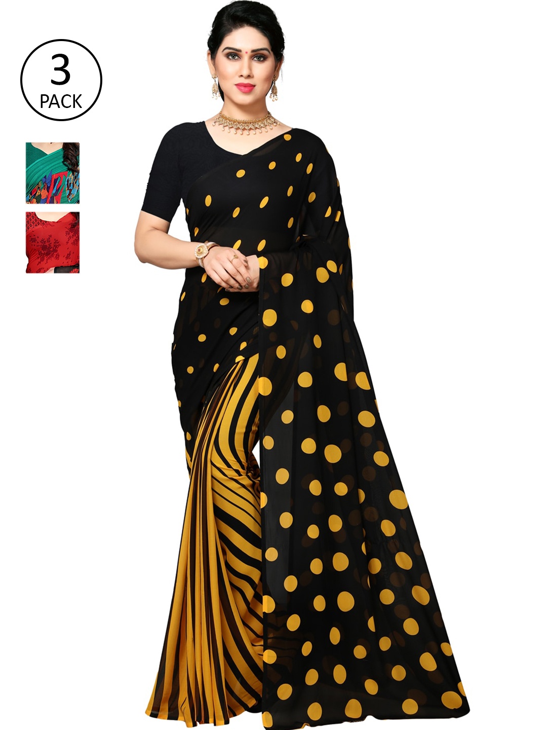 

KALINI Pack Of 3 Printed Sarees, Green