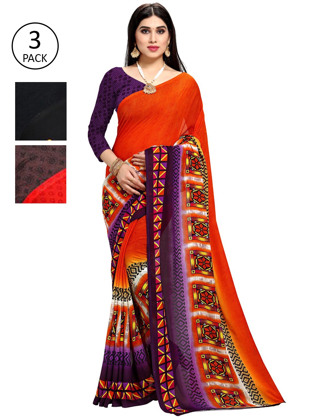 

KALINI Pack of 3 Poly Georgette Saree, Yellow