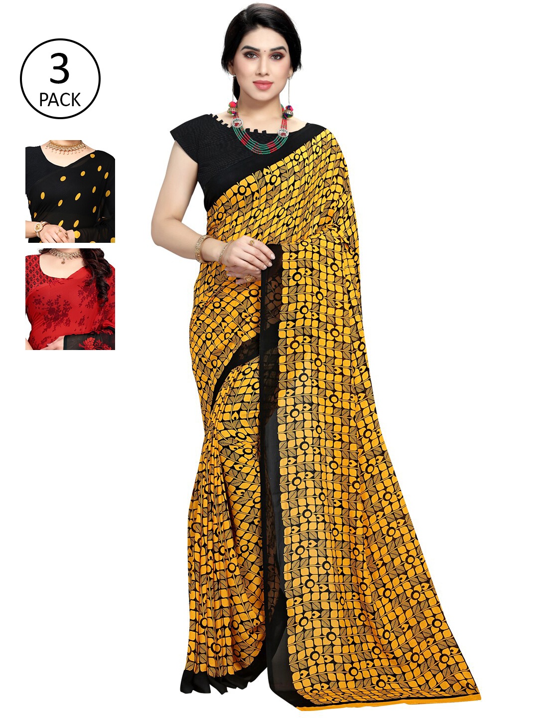 KALINI Yellow & Black Pack of 3 Printed Saree
