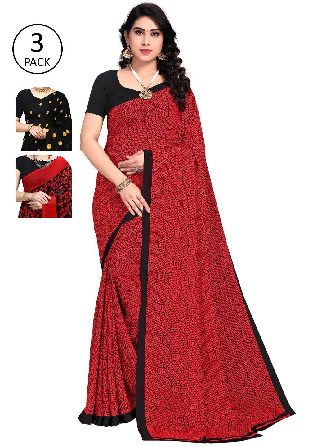 

KALINI Pack of 3 Poly Georgette Printed Sarees, Black