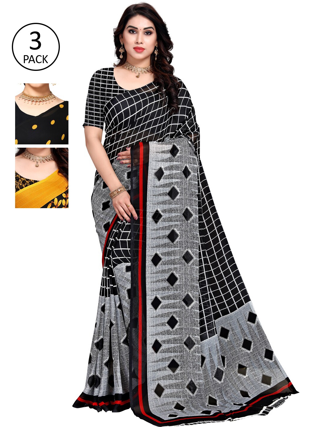

KALINI Black & Grey Pack of 3 Printed Saree