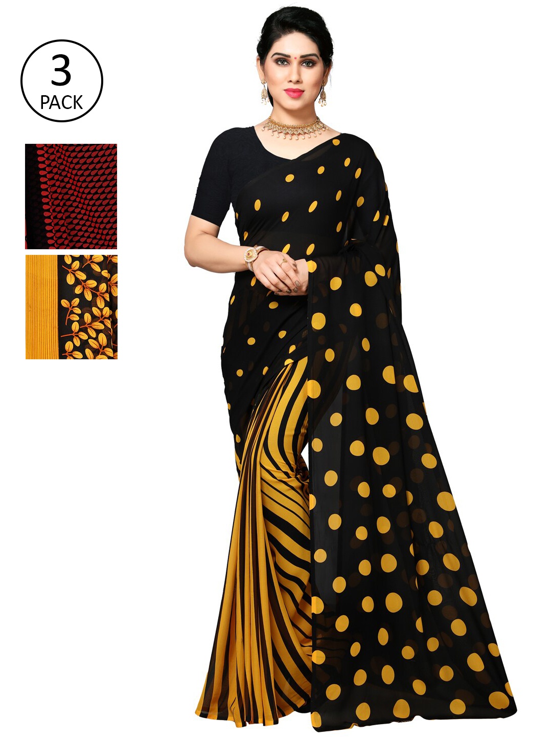 

KALINI Pack of 3 Poly Georgette Printed Sarees, Mustard