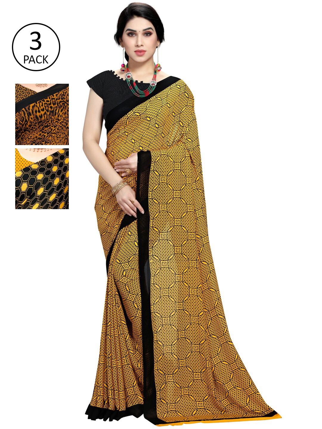 

KALINI Pack of 3 Yellow & Black Printed Saree