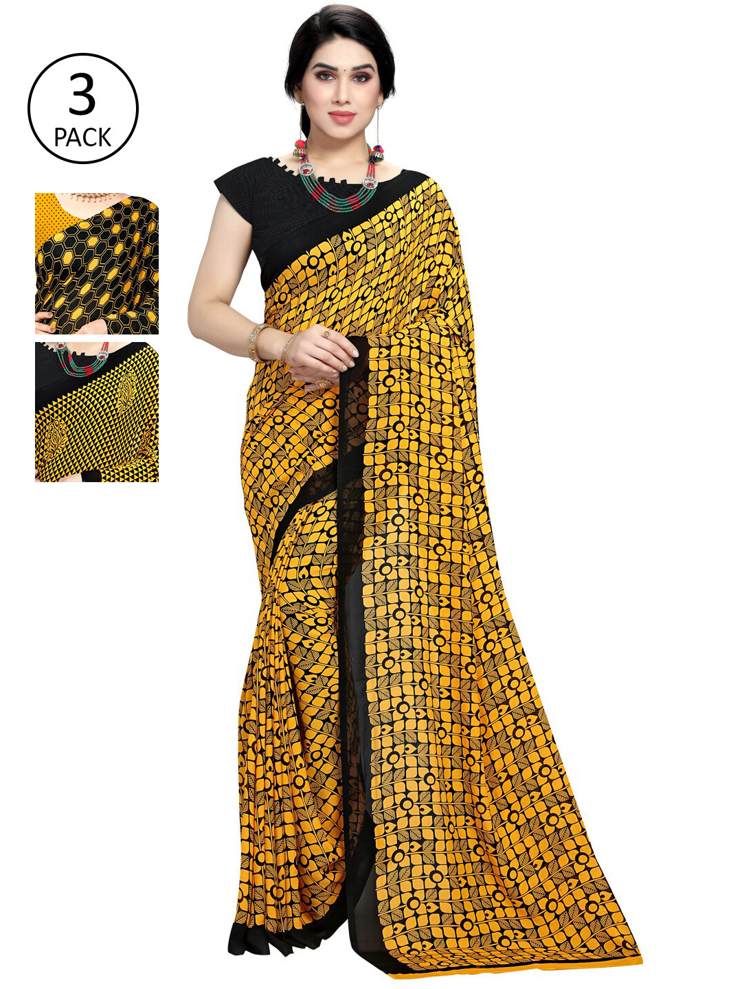 

KALINI Pack of 3 Poly Georgette Saree, Yellow