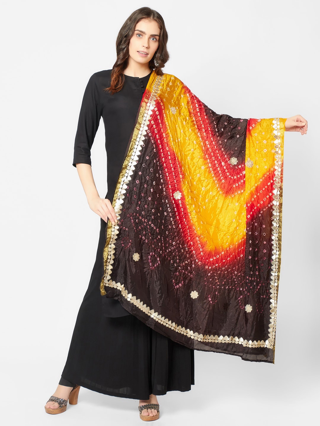 

Dupatta Bazaar Yellow & Red Embroidered Bandhani Dupatta with Gotta Patti
