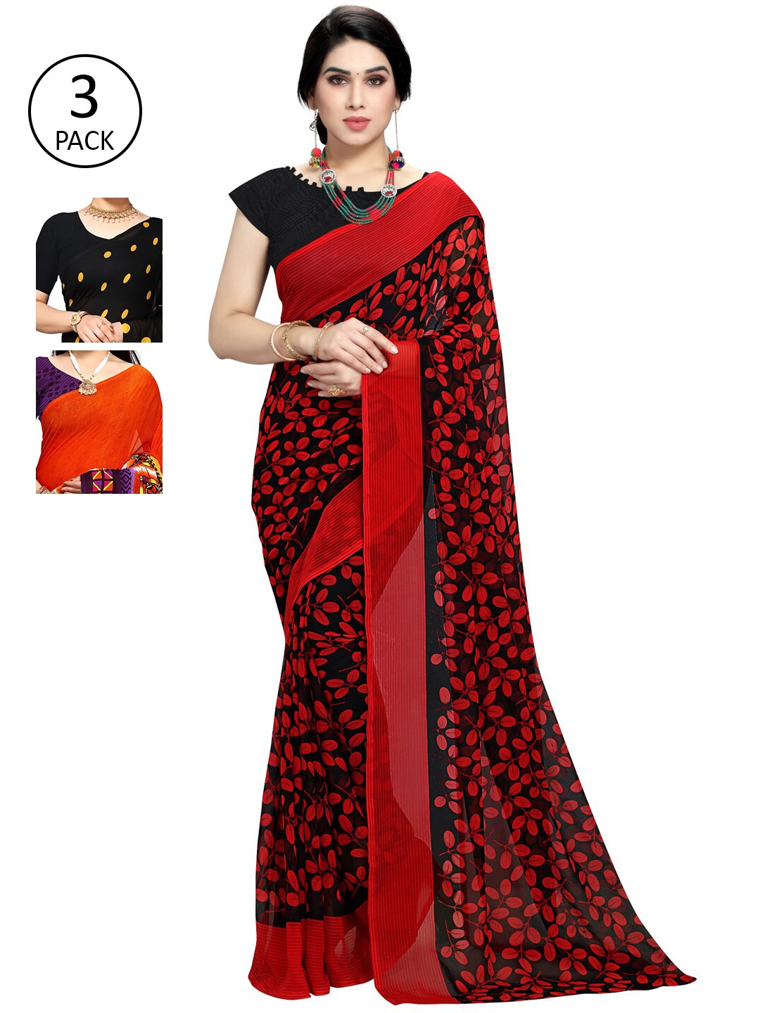 

KALINI Pack of 3 Poly Georgette Sarees, Red