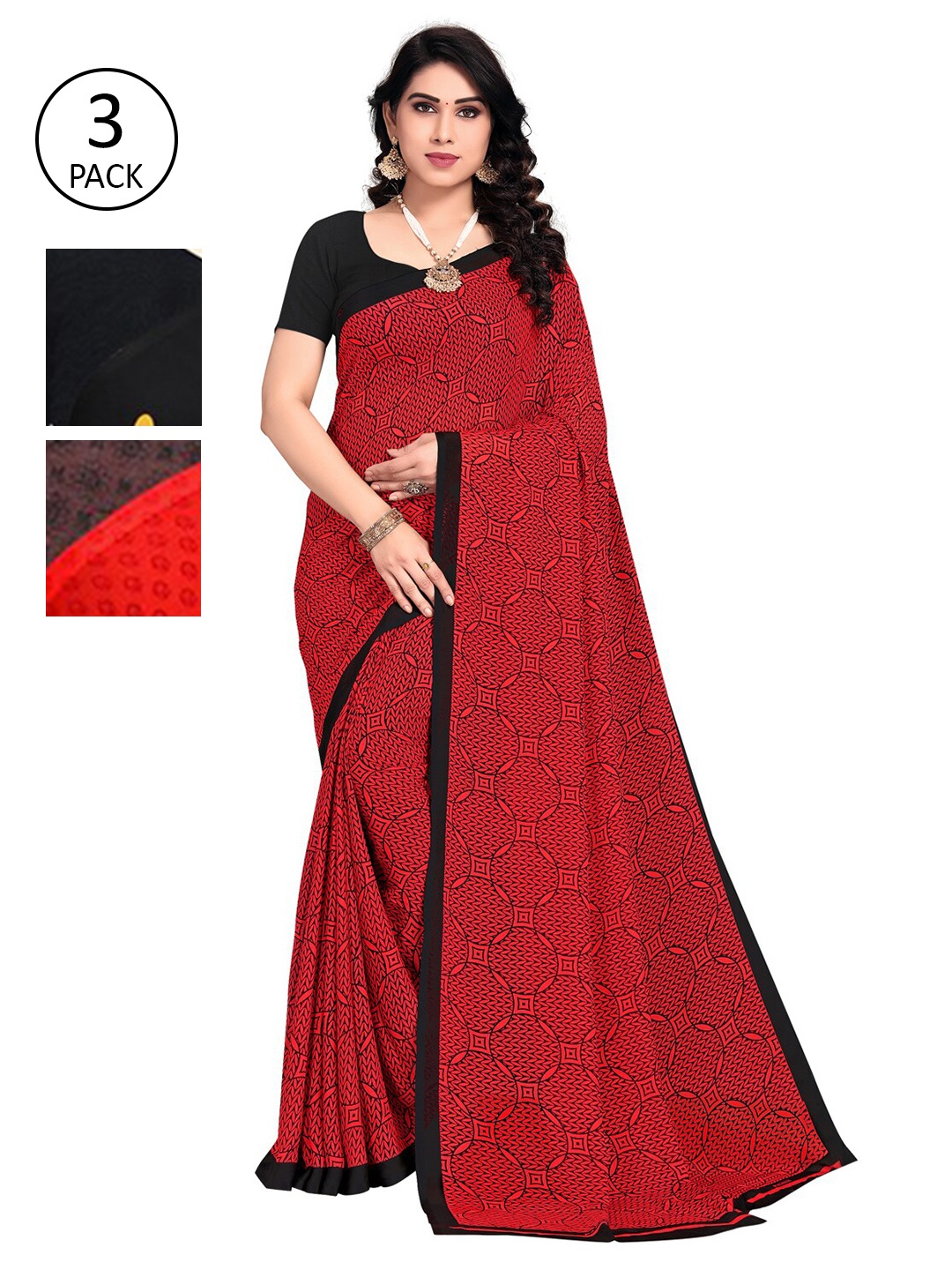 

KALINI Red & Black Floral Pack of 3 Saree