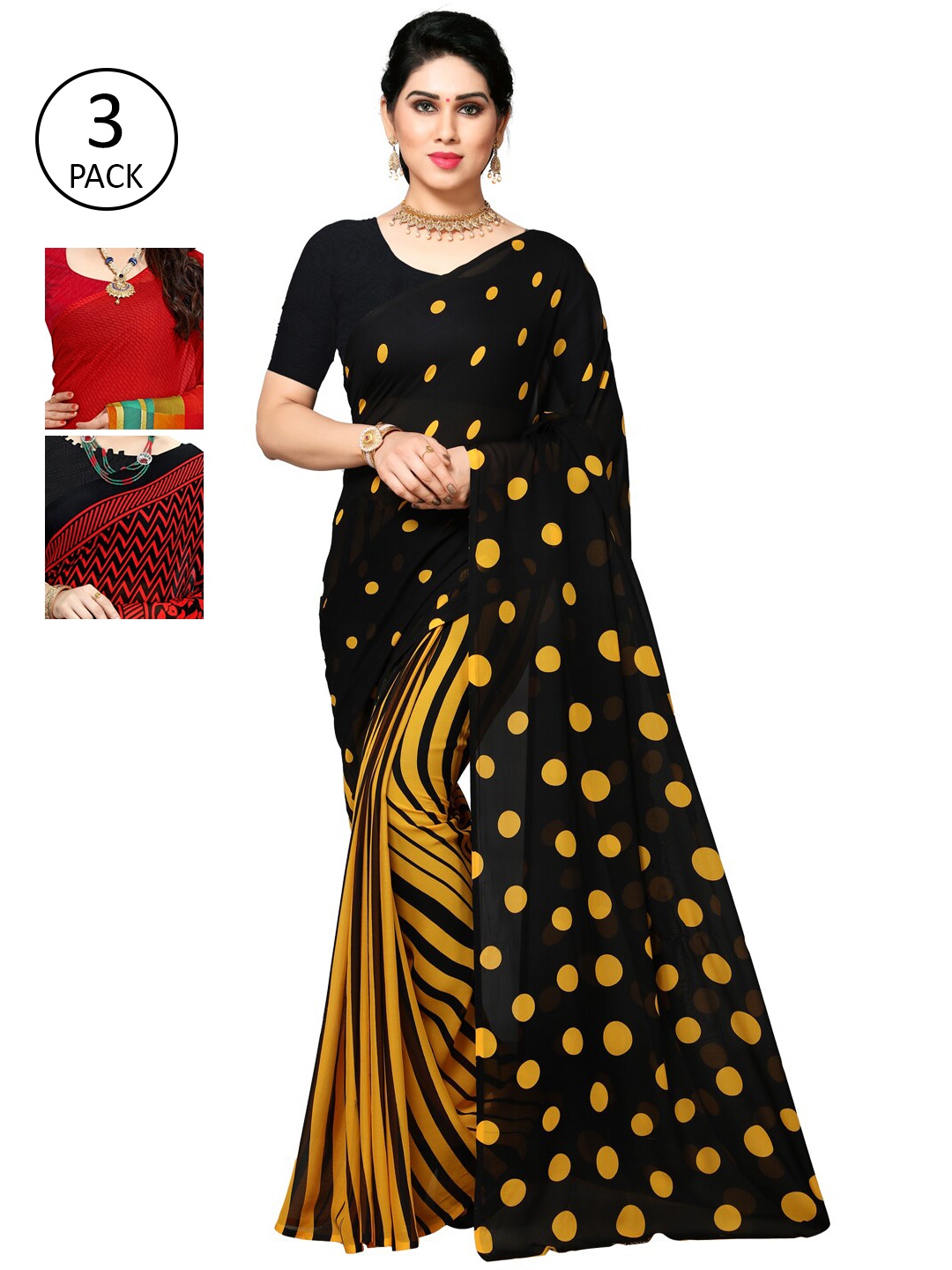 

KALINI Pack Of 3 Poly Georgette Sarees, Black