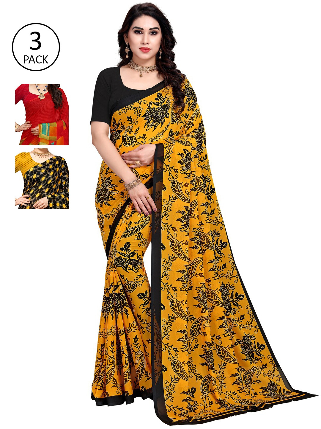 

KALINI Pack of 3 Poly Georgette Printed Sarees, Black