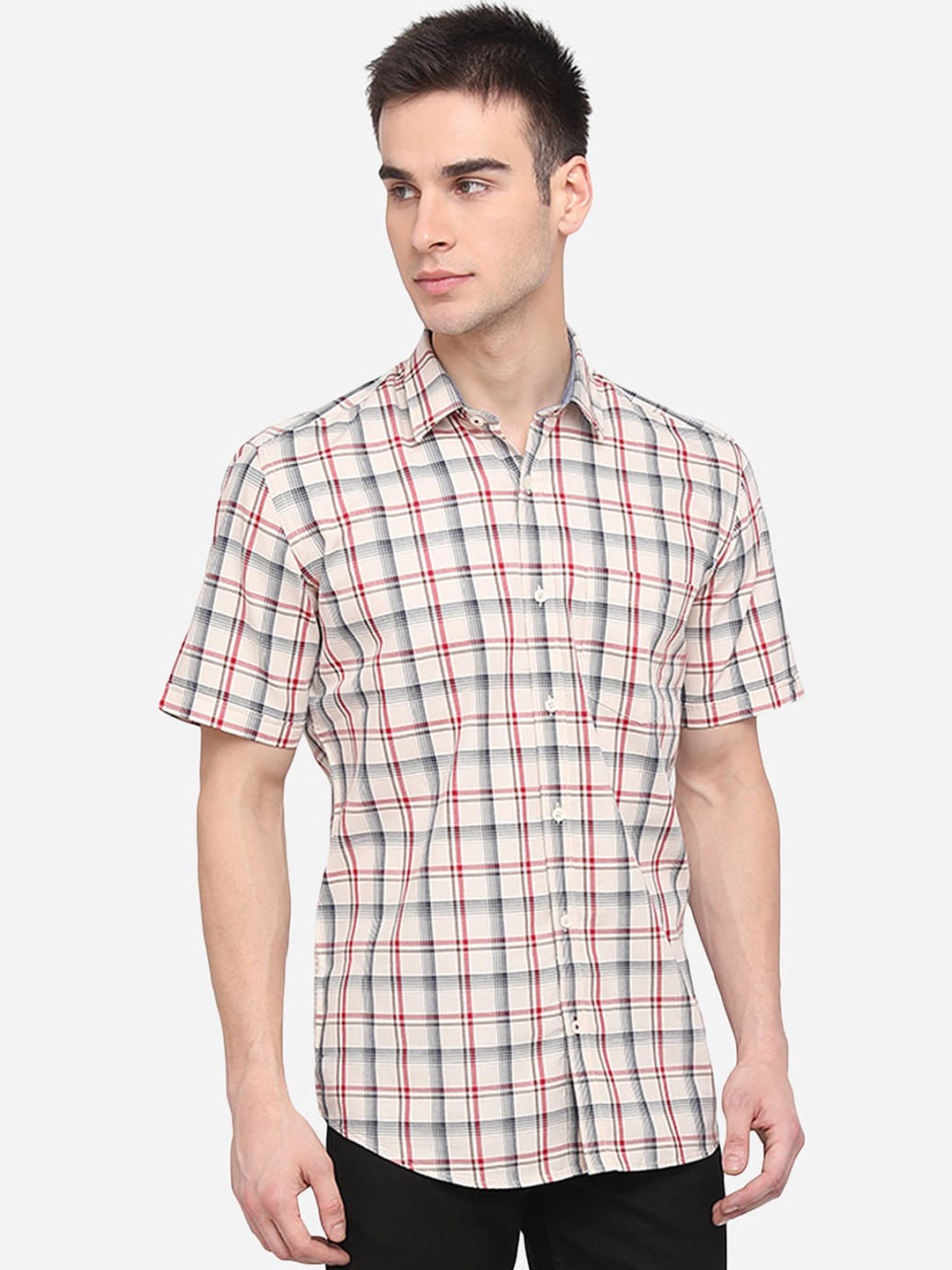

Greenfibre Men Cream-Coloured Slim Fit Checked Casual Shirt