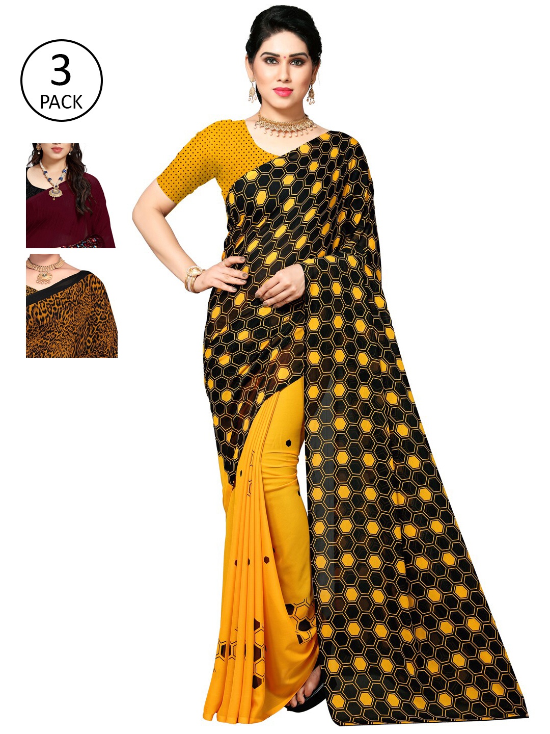

KALINI Pack of 3 Poly Georgette Printed Sarees, Black