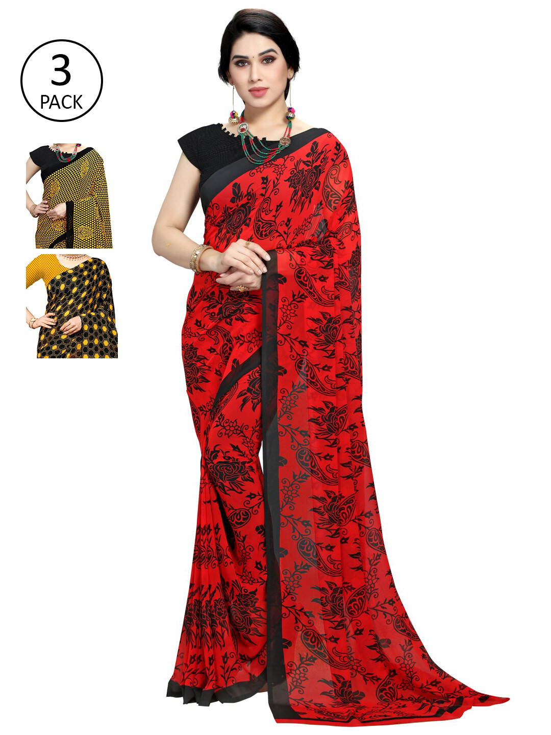 

KALINI Pack Of 3 Mustard Yellow & Red Poly Georgette Saree