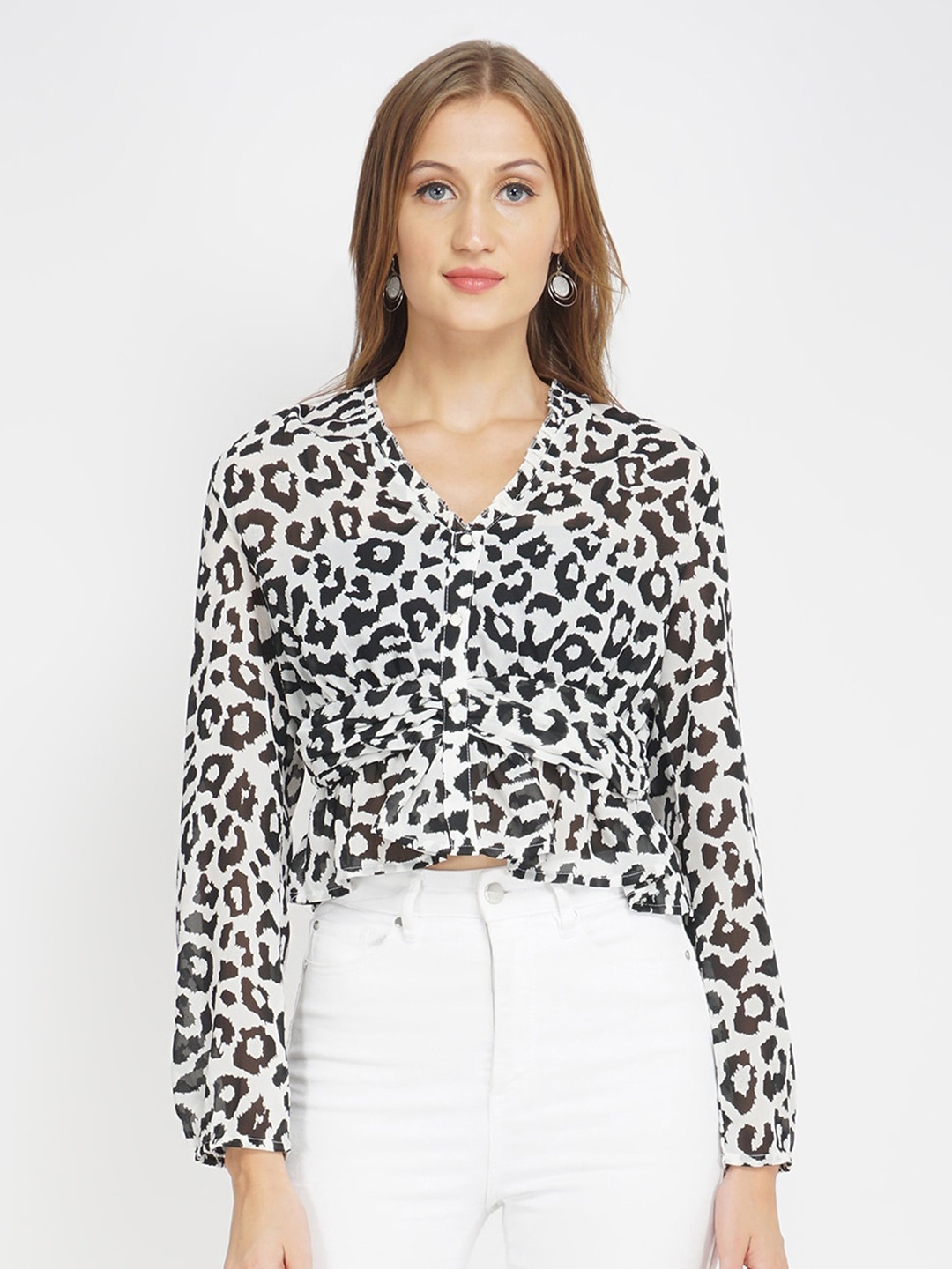 

Oxolloxo Women Black Animal Peplum Crop Top