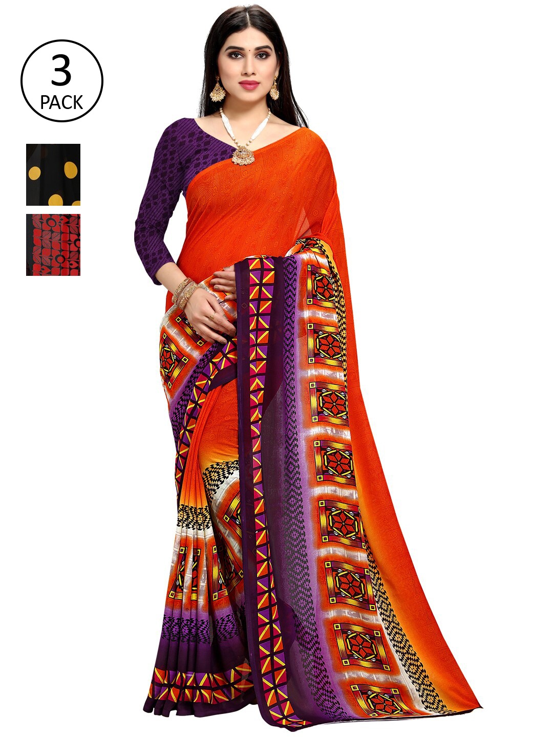 

KALINI Pack of 3 Red & Black Printed Saree