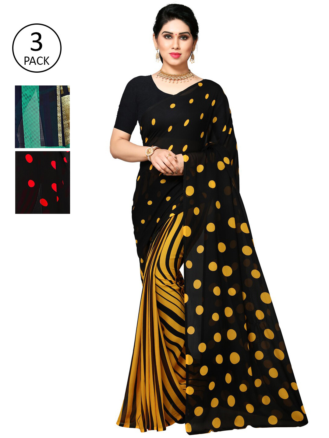 

KALINI Pack of 3 Poly Georgette Sarees, Yellow