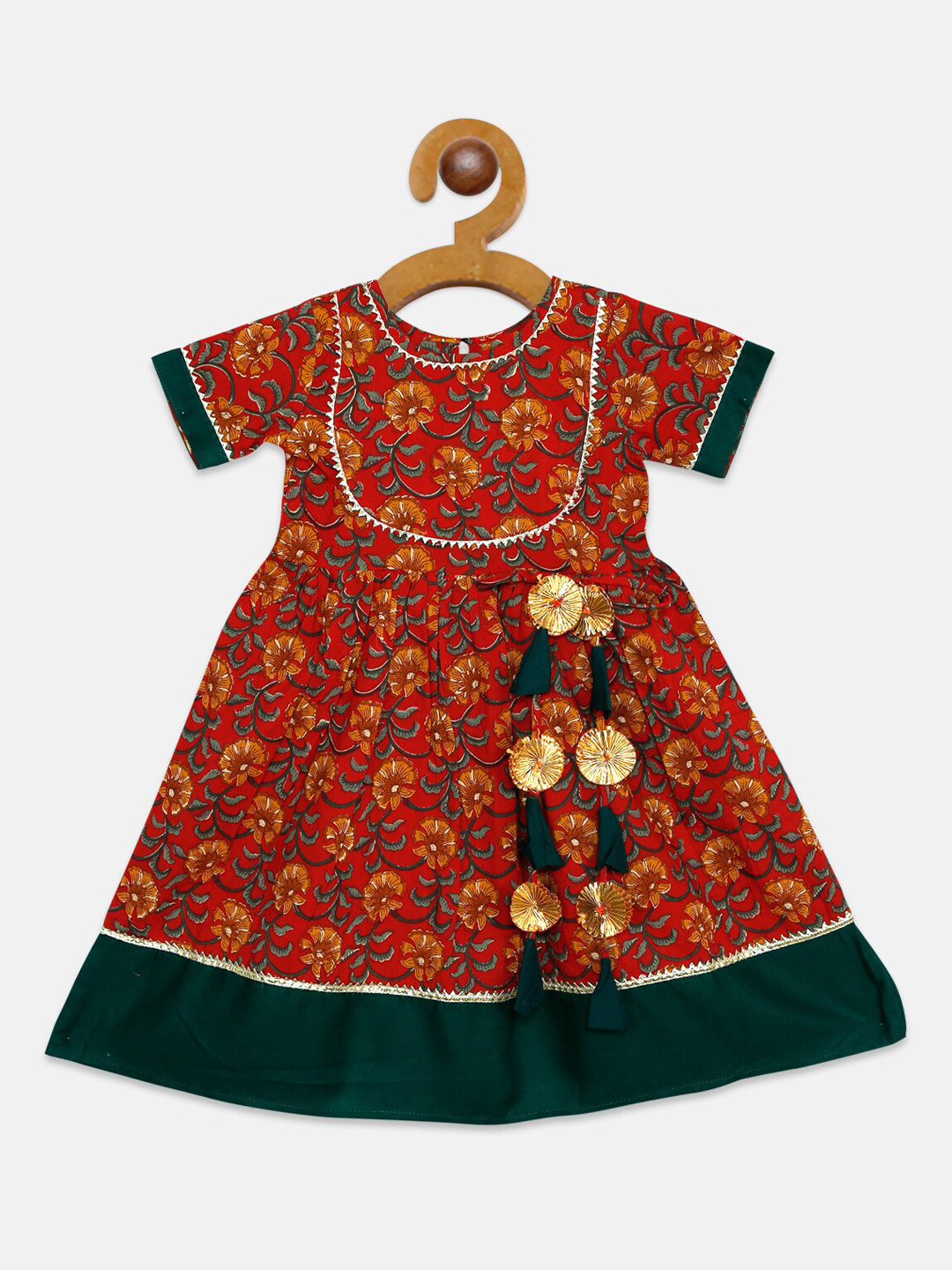 

LIL PITAARA Girls Red & Black Pure Cotton Printed Maxi Dress With Gota Work