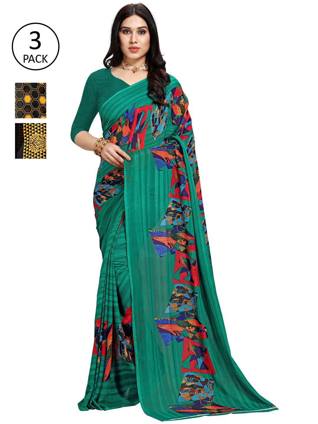 

KALINI Pack of 3 Poly Georgette Printed Sarees, Yellow
