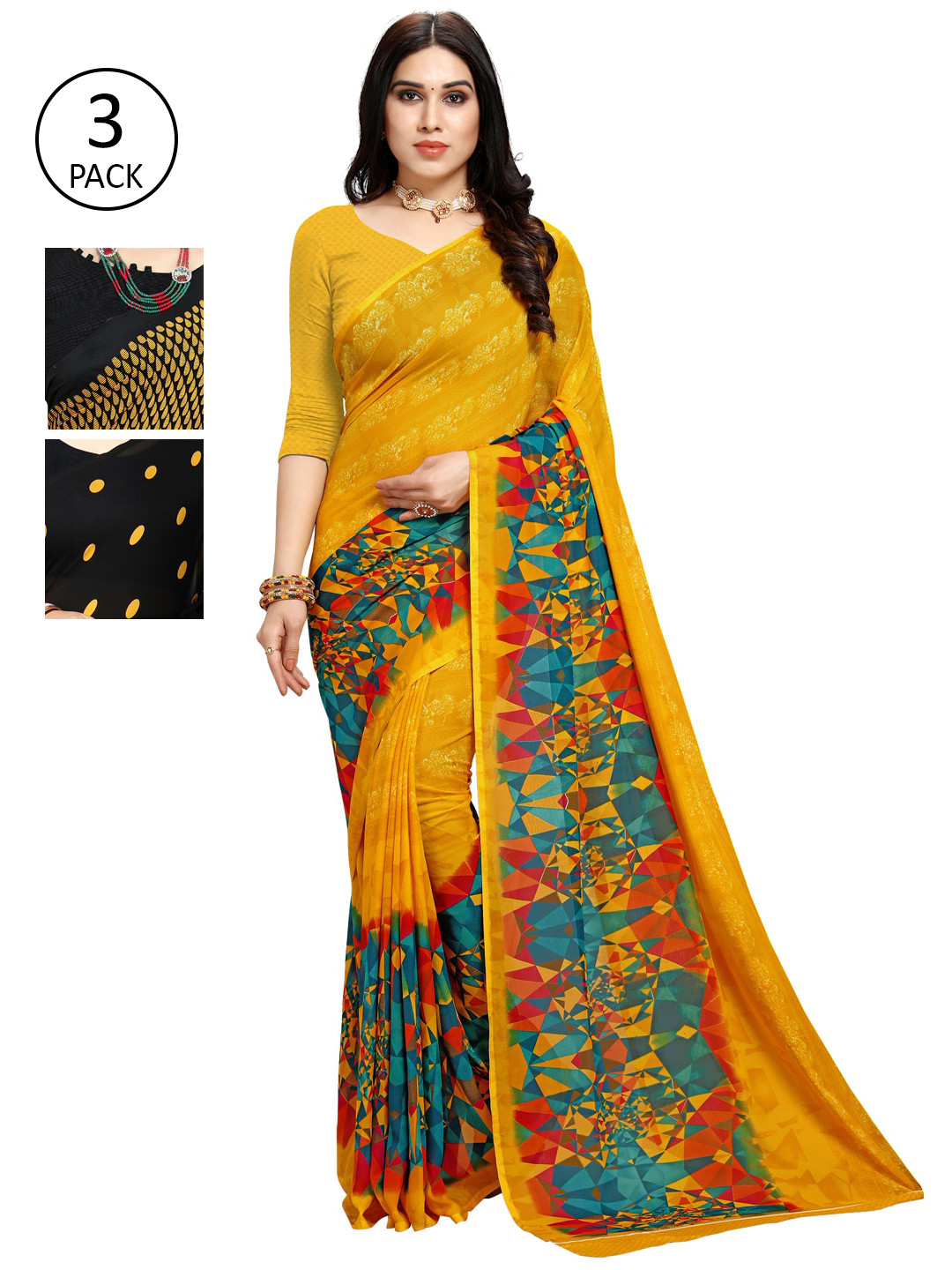 

KALINI Pack Of 3 Yellow & Black Saree