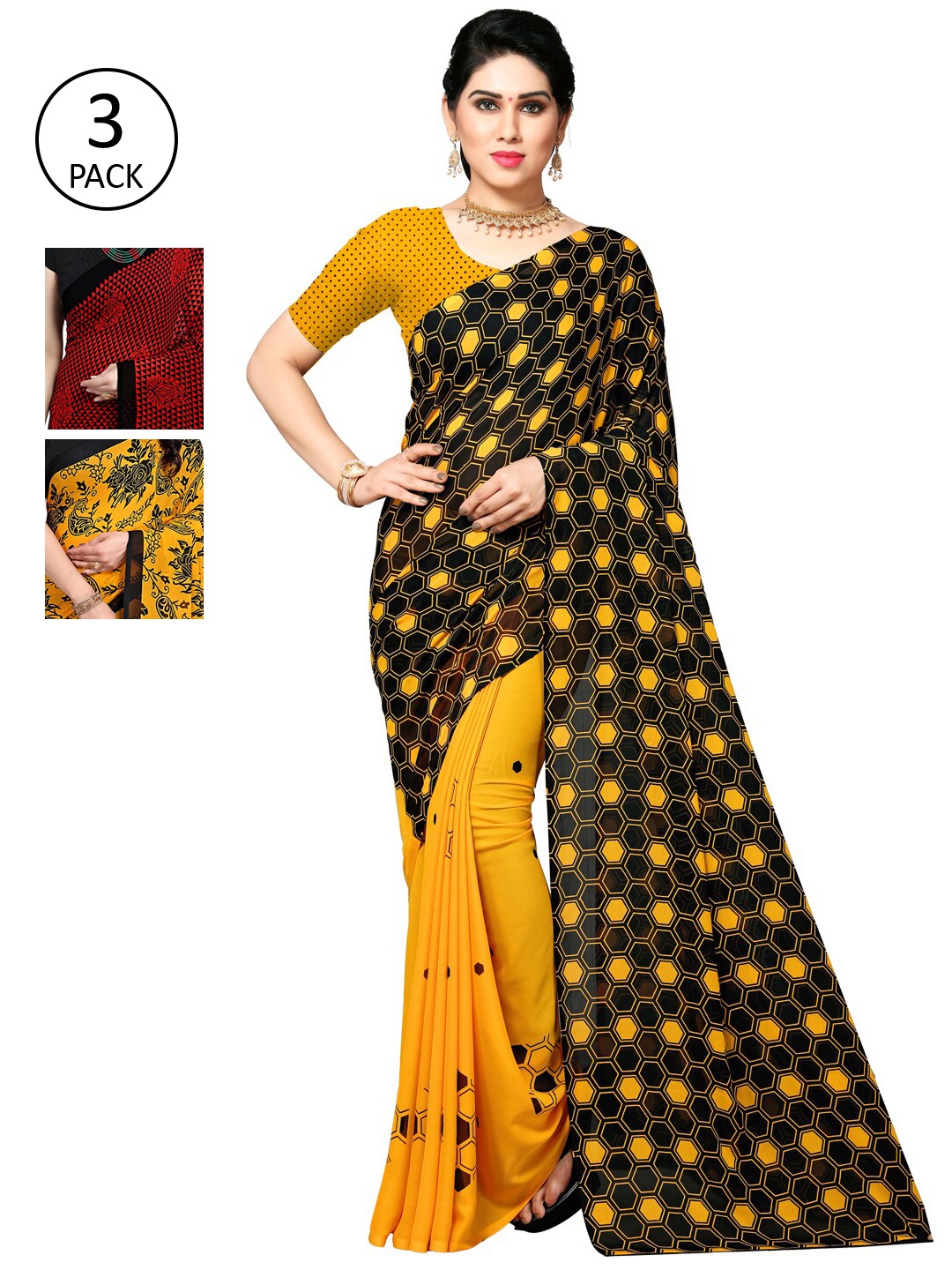 

KALINI Pack Of 3 Poly Georgette Sarees, Black