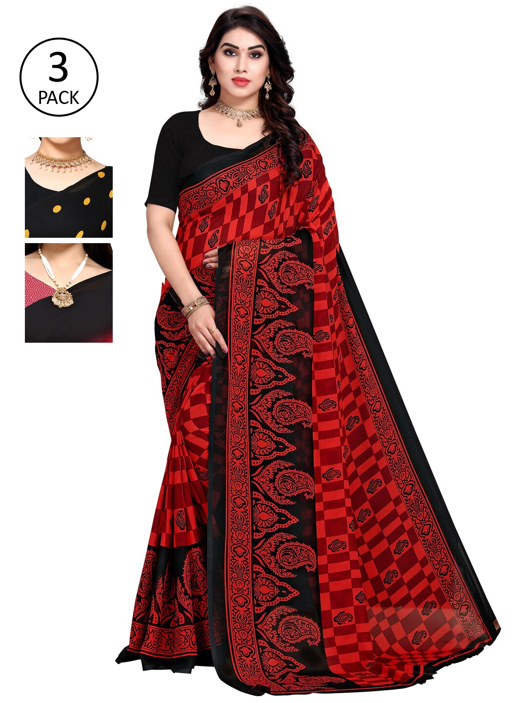 

KALINI Pack Of 3 Printed Sarees, Red