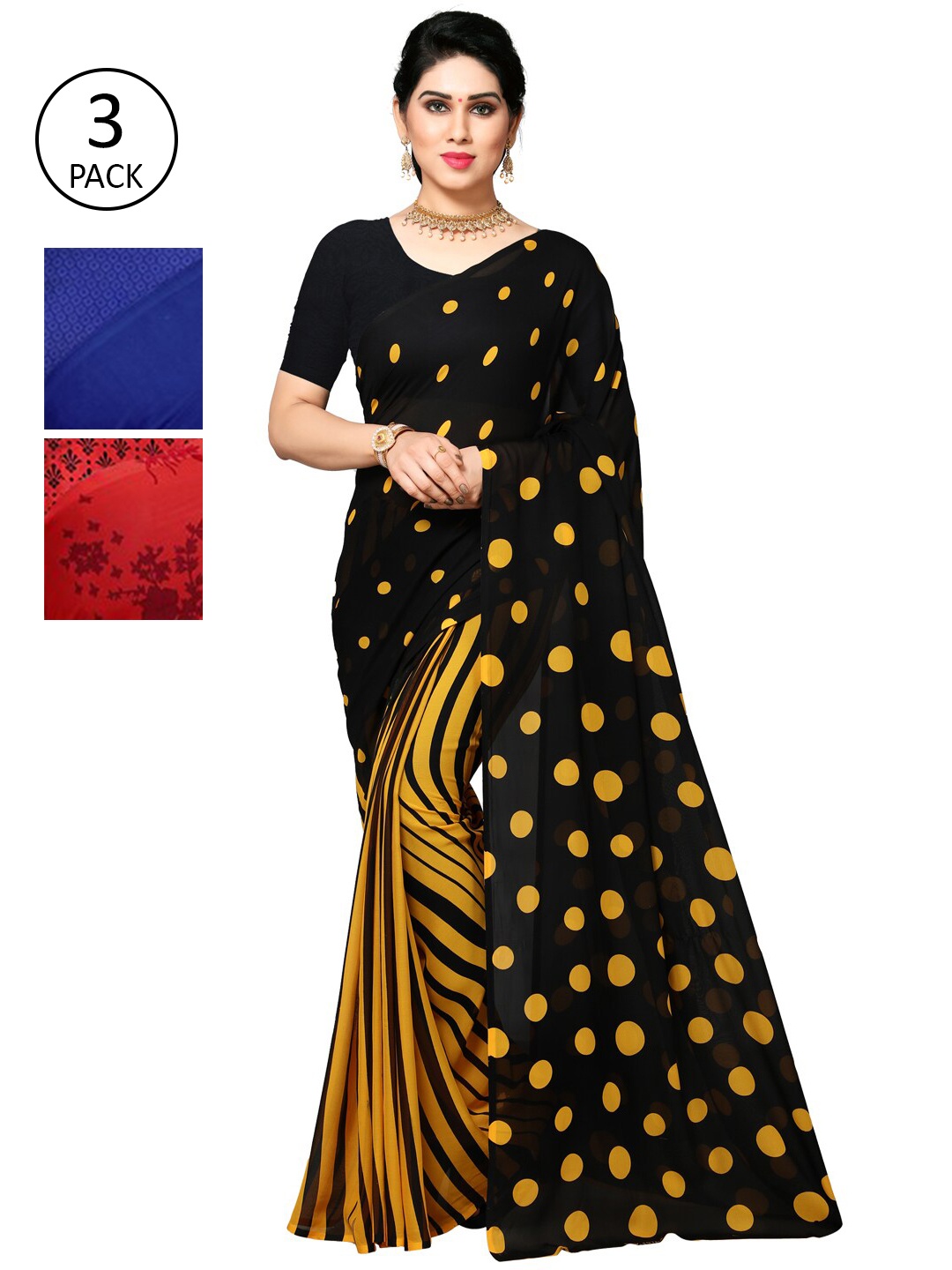 

KALINI Pack Of 3 Yellow & Blue Saree