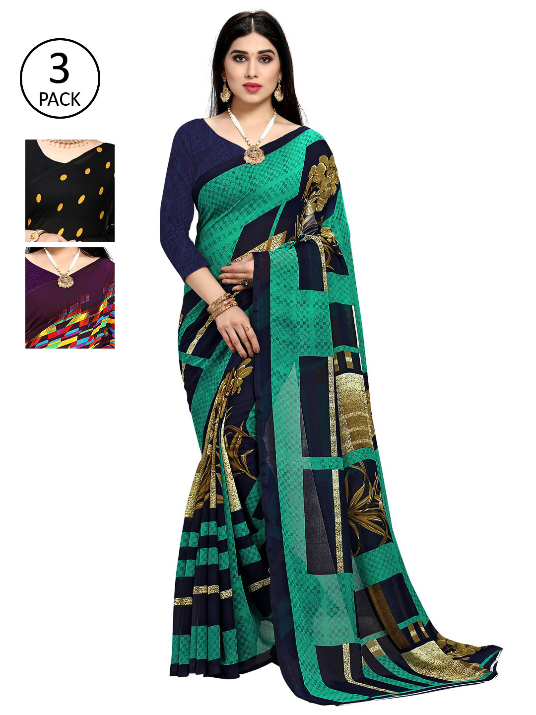 

KALINI Pack of 3 Printed Poly Georgette Saree, Multi