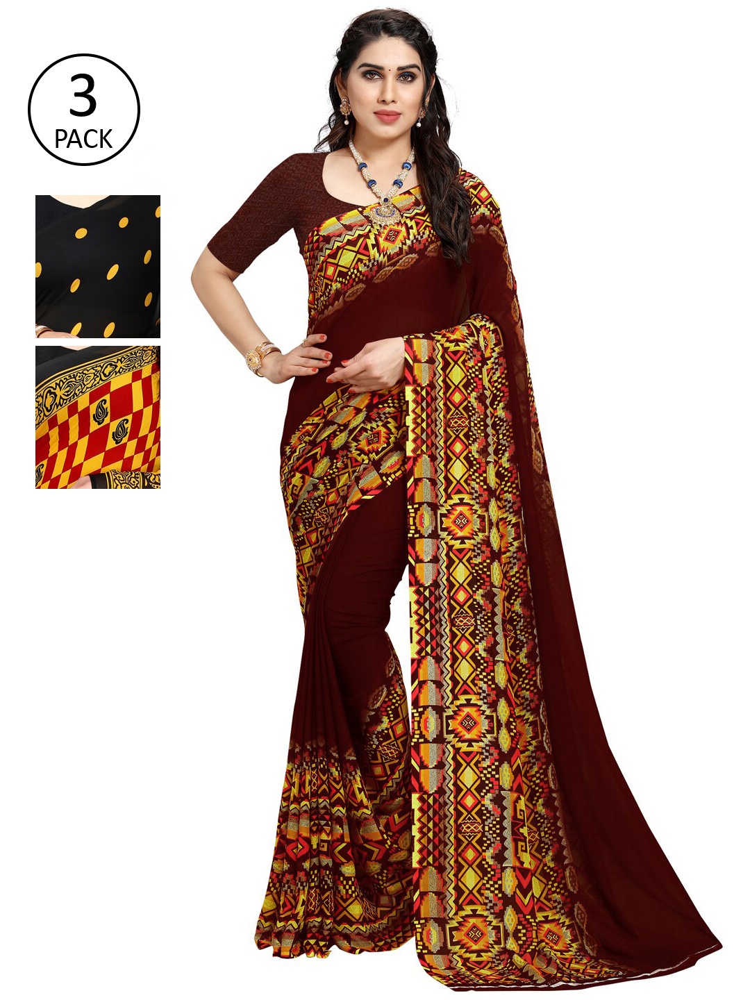 

KALINI Pack of 3 Printed Poly Georgette Sarees, Multi