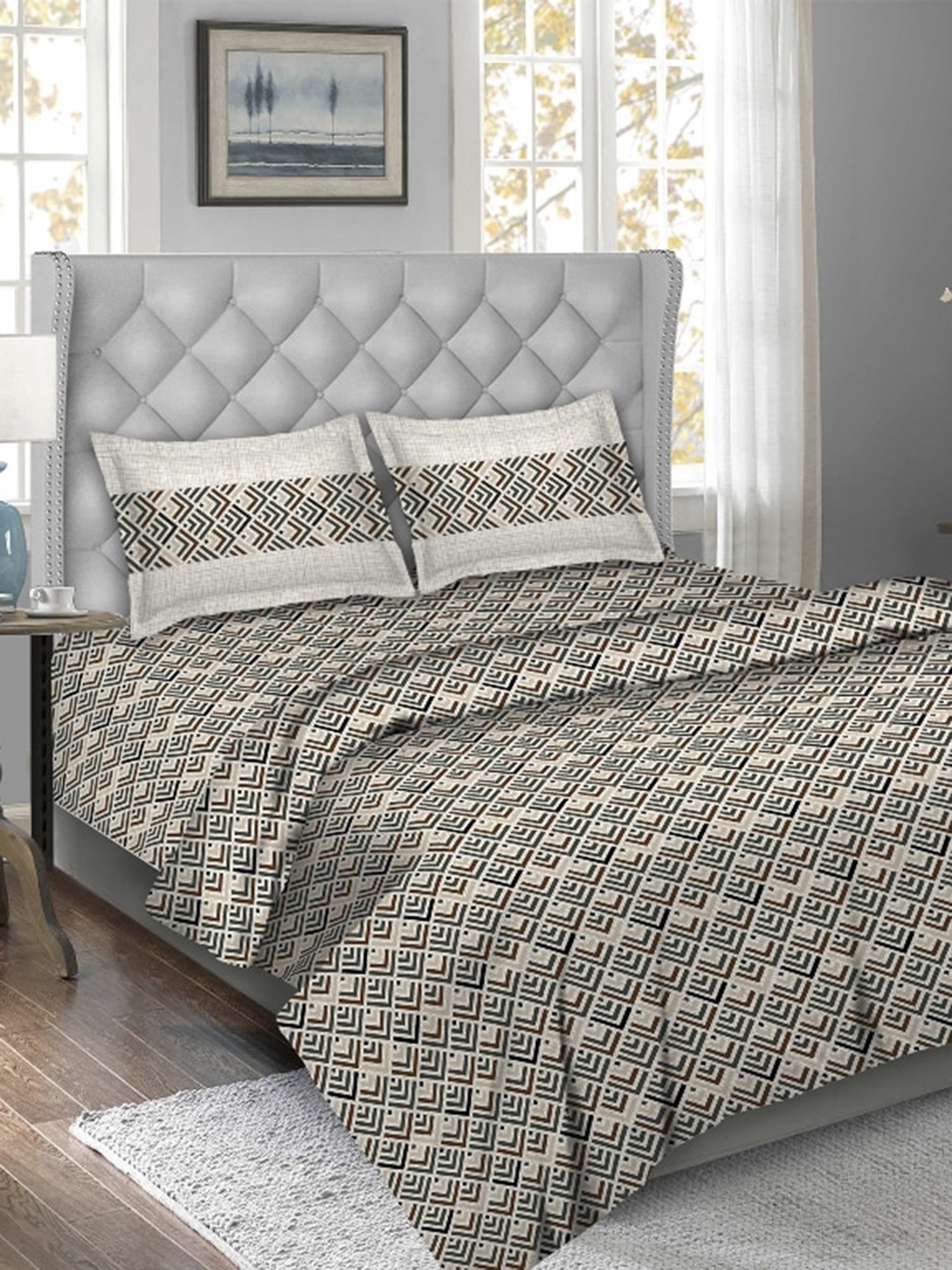 

BELLA CASA Brown & Black Geometric Printed Cotton Double King Bedding Set