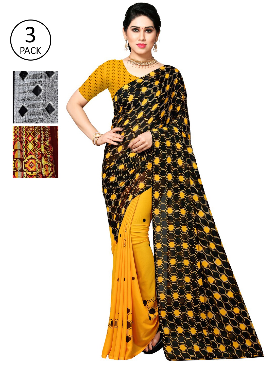 

KALINI Grey & Yellow Pack of 3 Saree