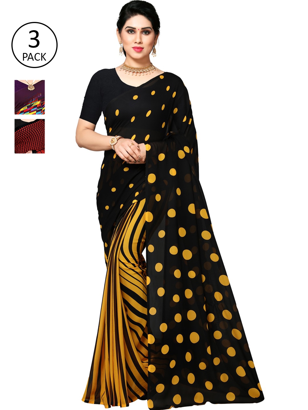 

KALINI Multicoloured Set of 3 Poly Georgette Saree, Multi