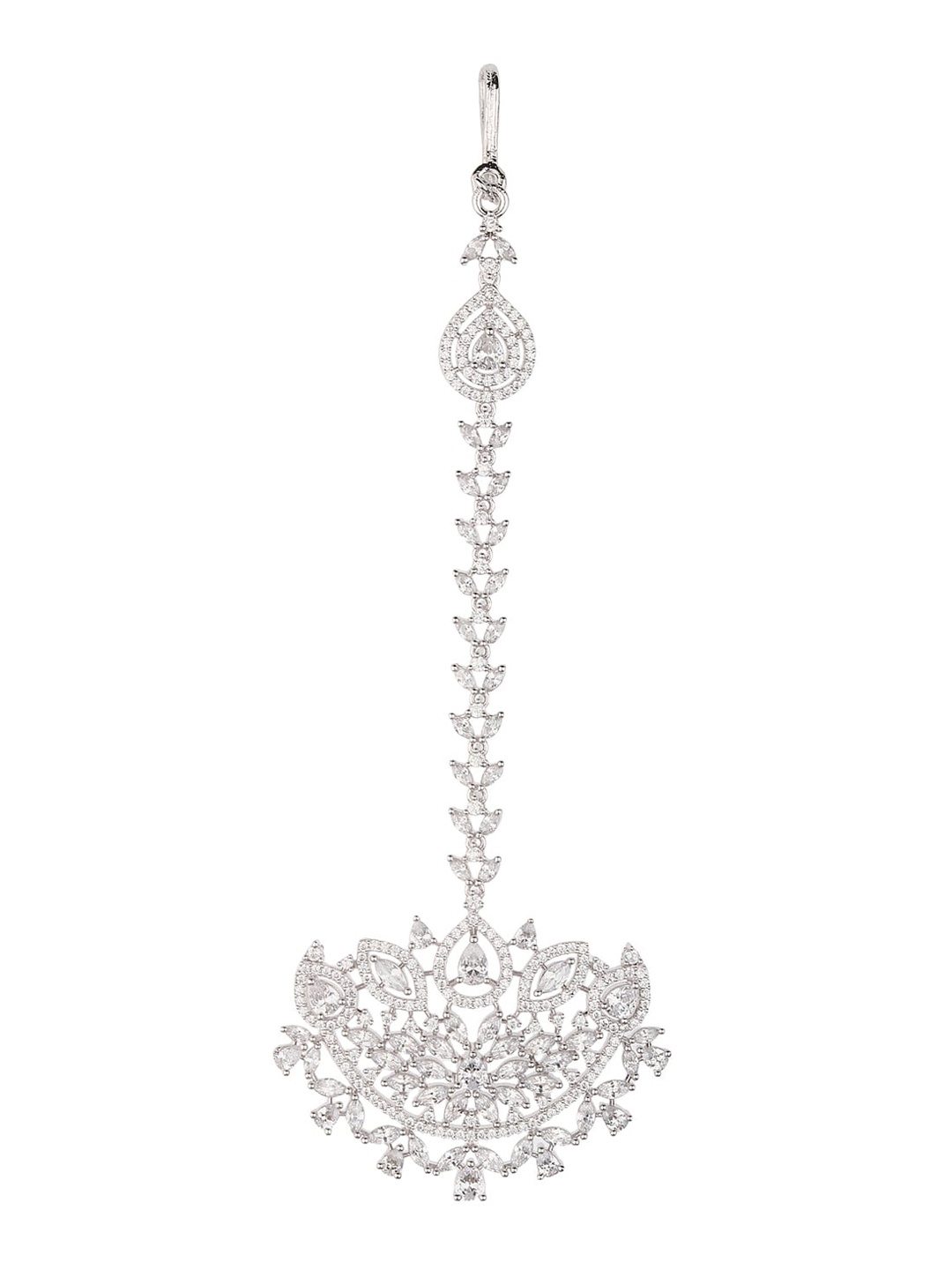 

Runjhun Silver-Plated & White American Diamond Studded Designer Maang Tikka