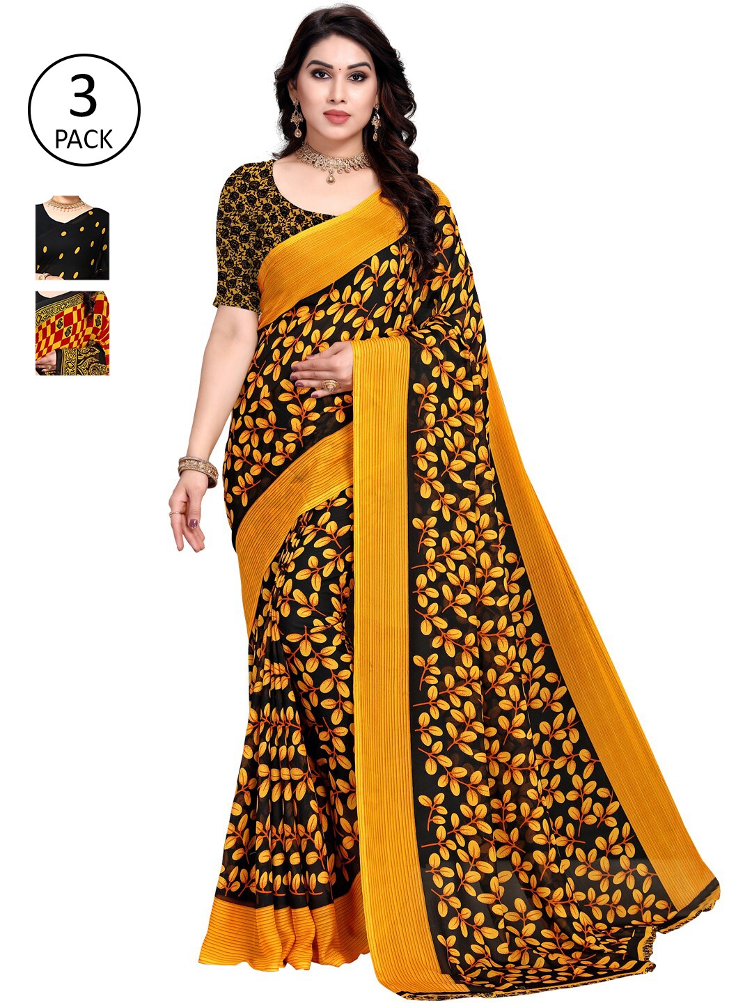 

KALINI Yellow & Black Pack of 3 Printed Saree