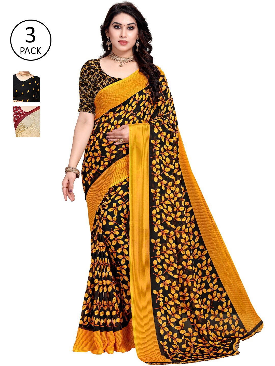 

KALINI Women Pack of 3 Printed Sarees, Yellow