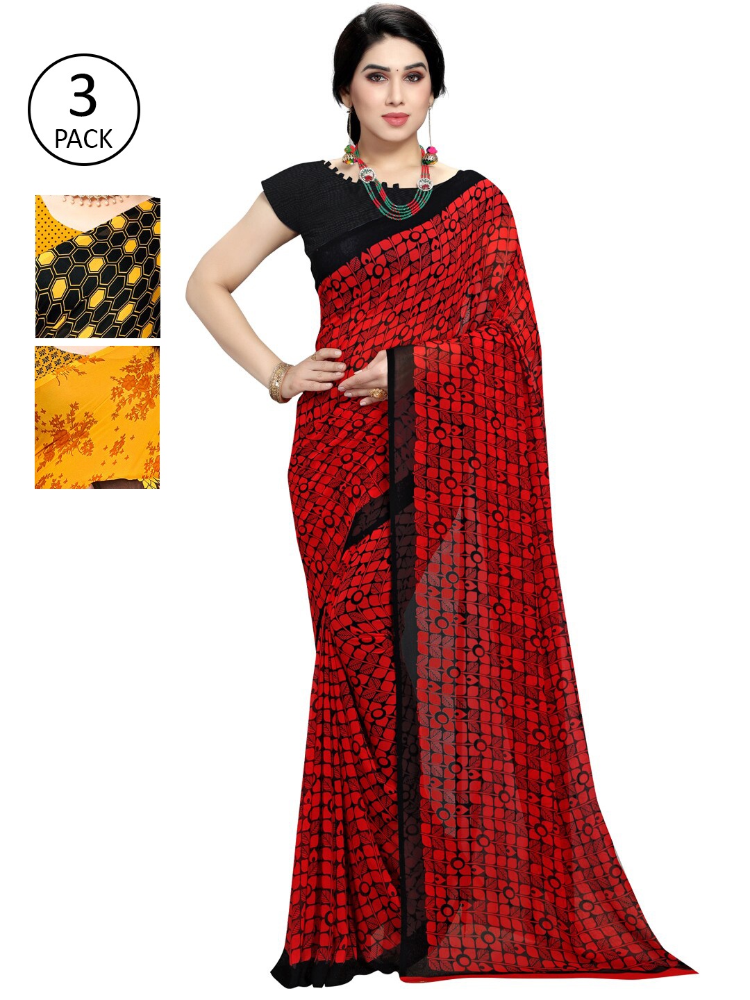 

KALINI Pack Of 3 Yellow & Black Saree