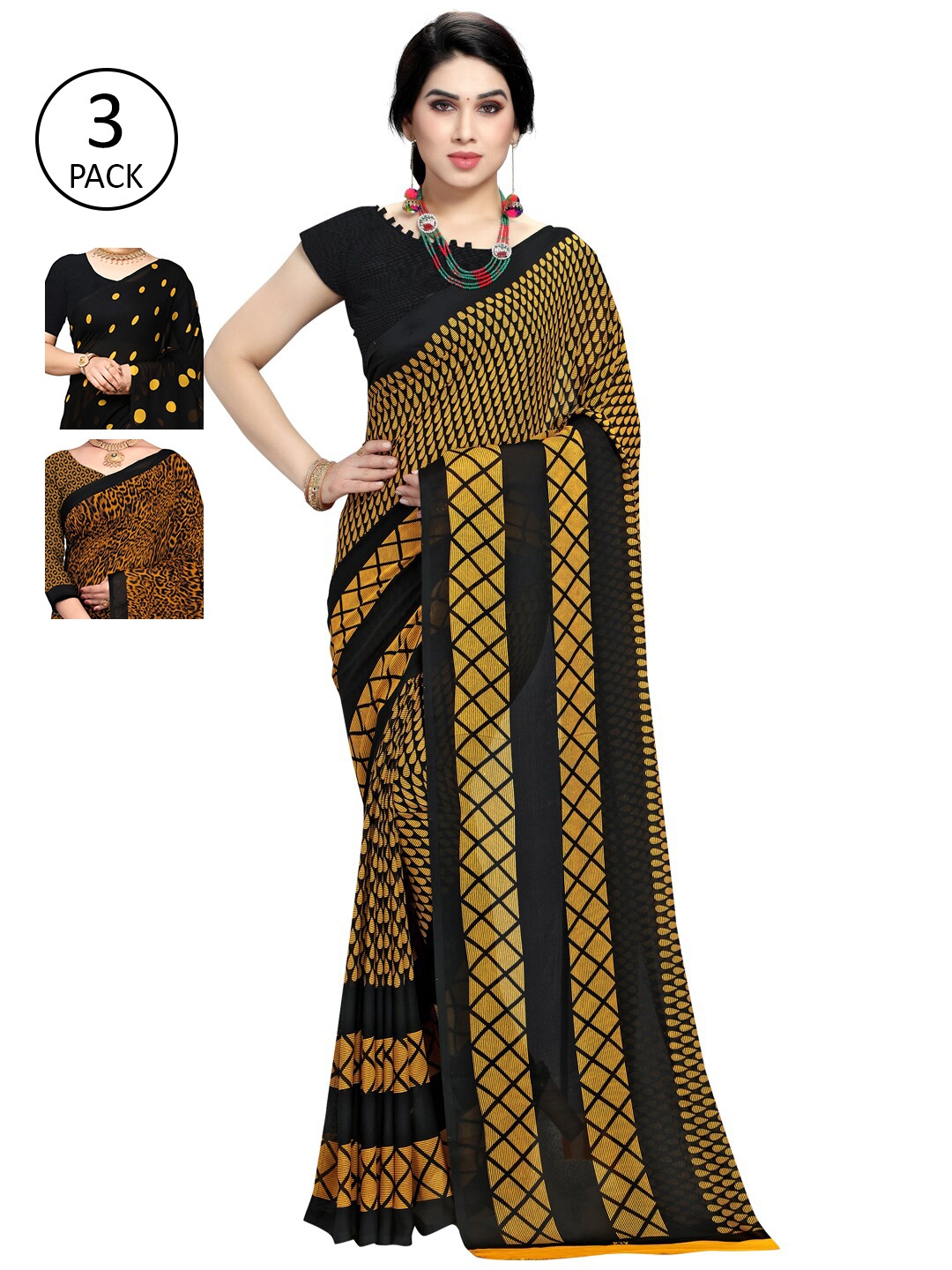 

KALINI Pack of 3 Printed Poly Georgette Saree, Multi