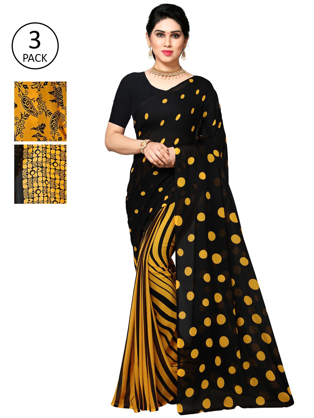 

KALINI Women Pack of 3 Printed Sarees, Yellow