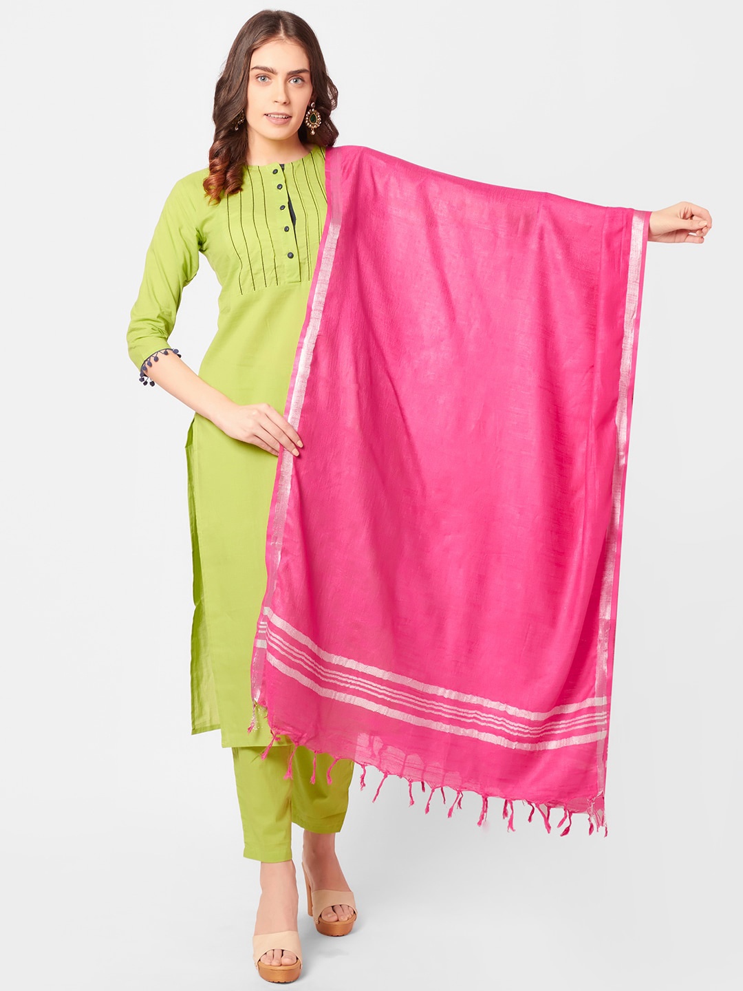 

Dupatta Bazaar Fuchsia & Silver-Toned Linen Dupatta