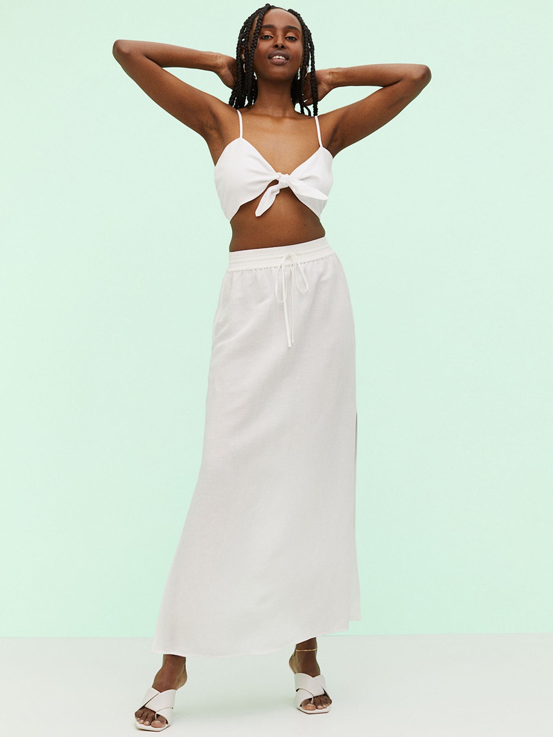 

H&M Women White Solid Long Linen-Blend Skirt