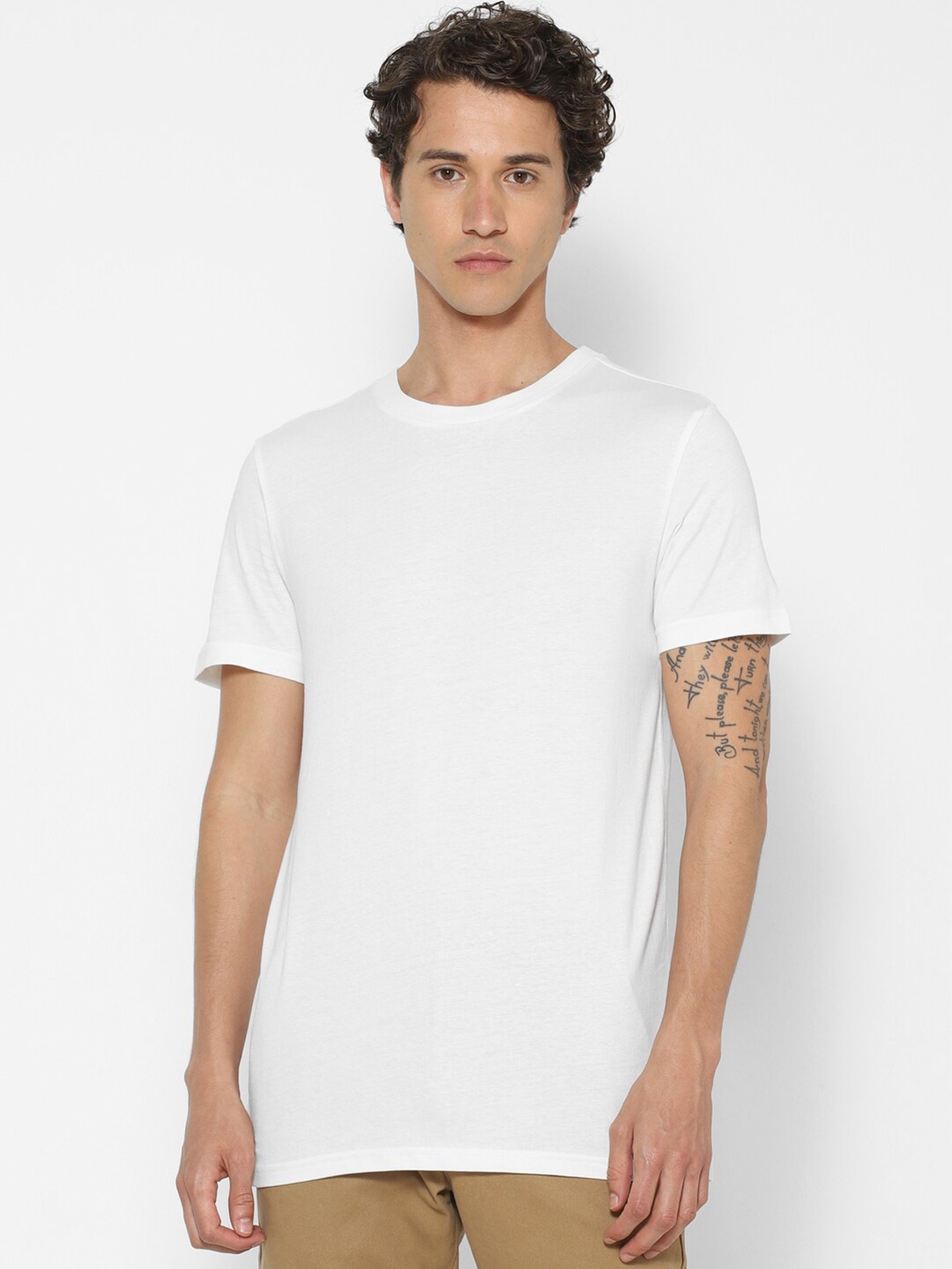 

FOREVER 21 Men White Basic Slim Fit Heathered Crew Neck T-shirt