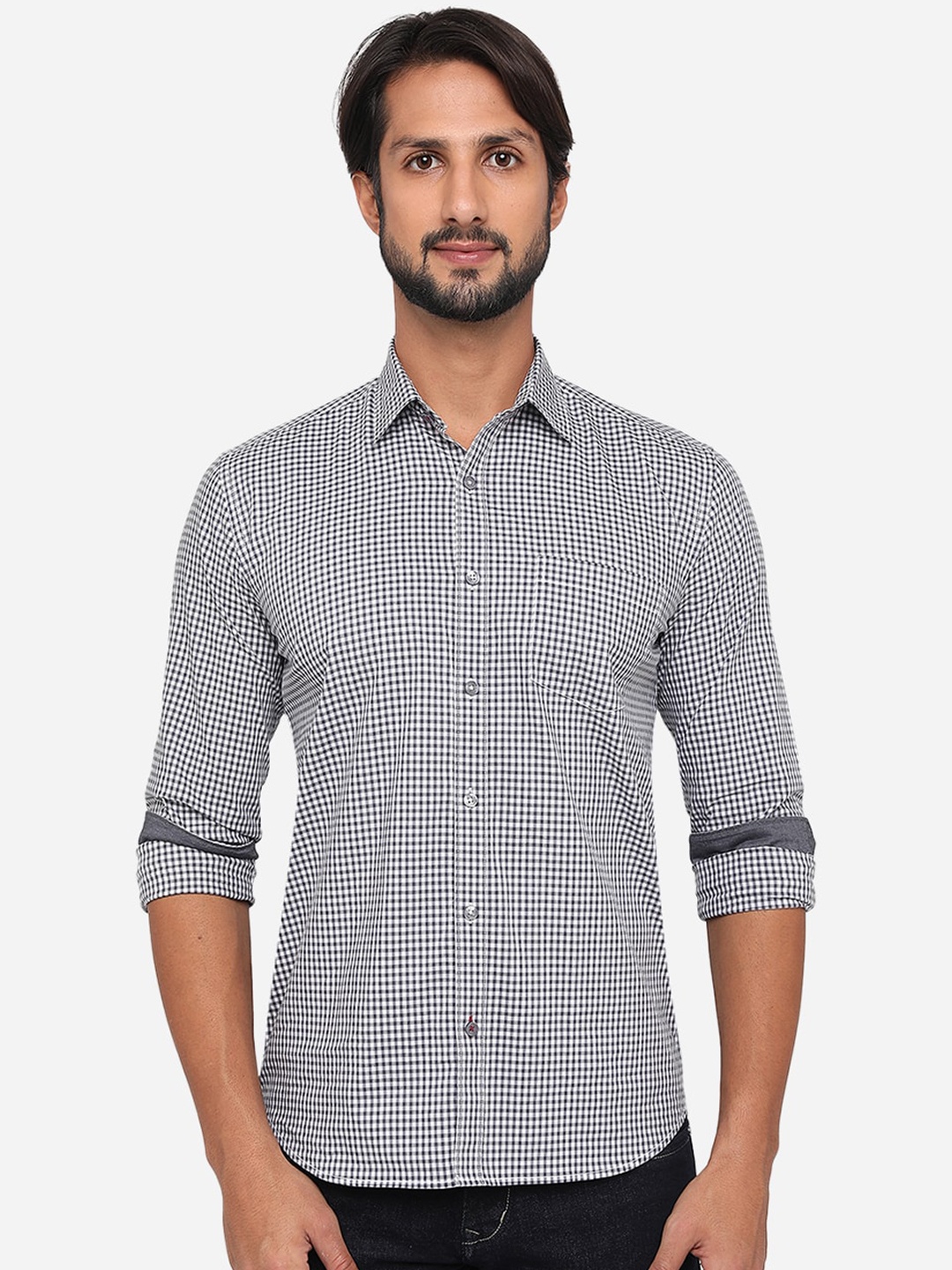 

Greenfibre Men White Slim Fit Micro Checks Checked Pure Cotton Casual Shirt