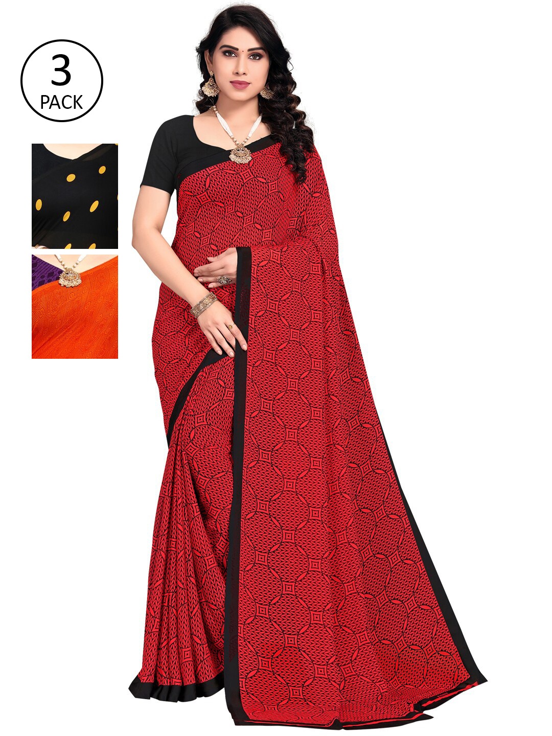 

KALINI Pack Of 3 Sarees, Black