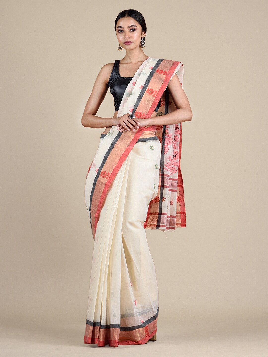 

Mitera White Hand Woven Pure Cotton Taant Saree