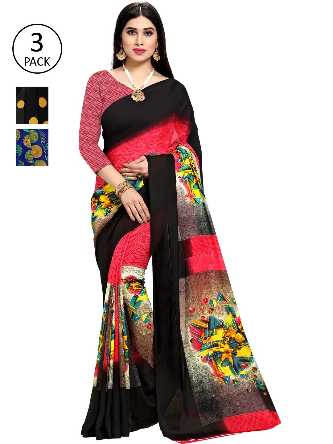 ANAND SAREES Multicoloured Set of 3 Poly Georgette Saree, Multi