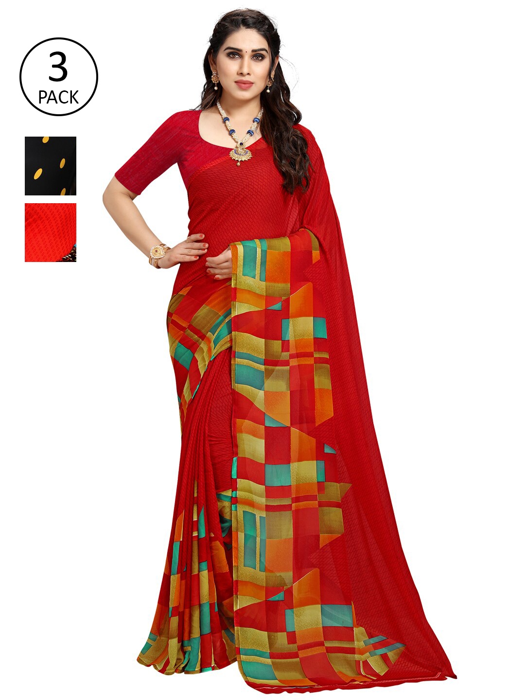 

KALINI Pack Of 3 Red & Green Saree