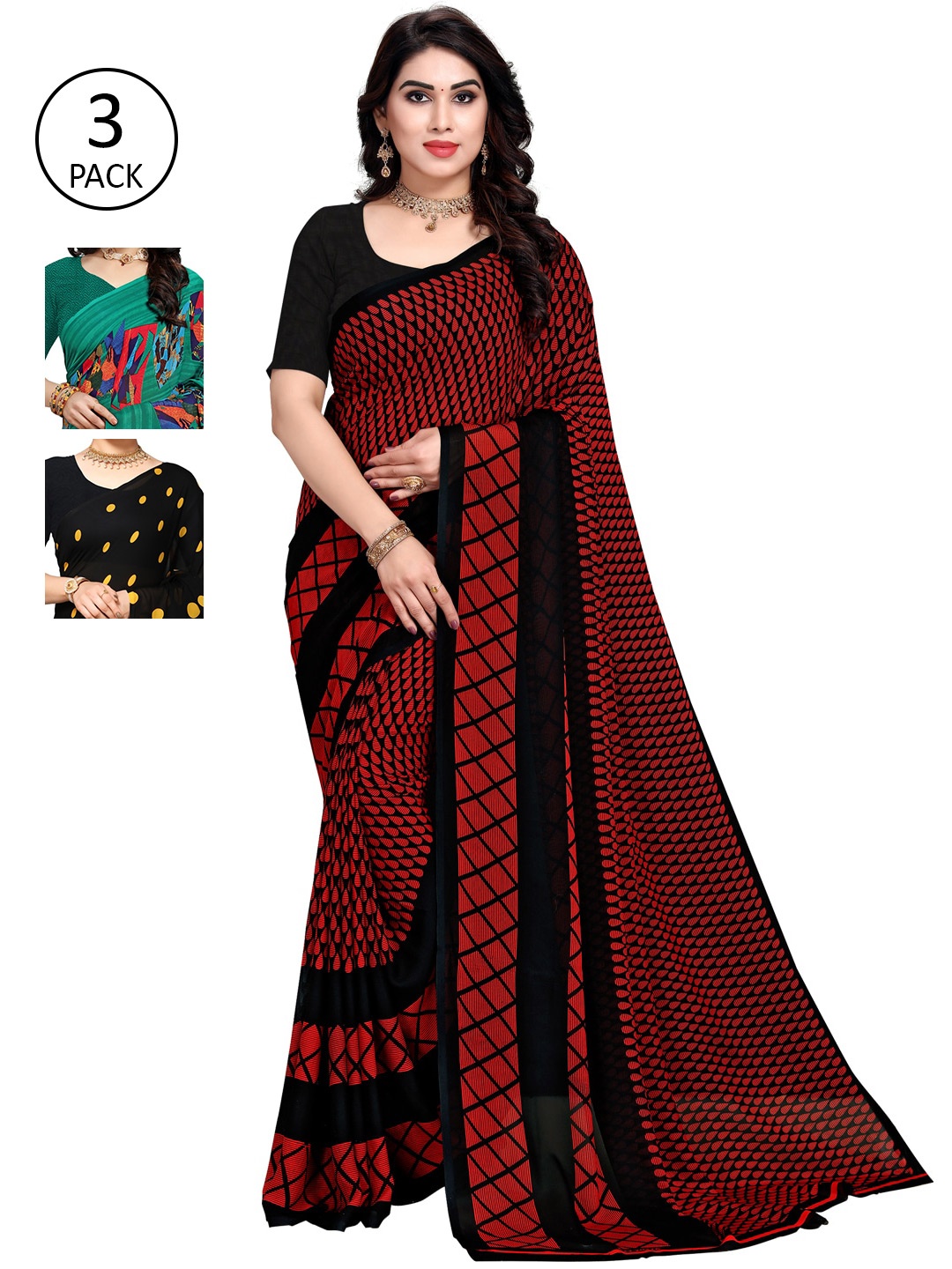 

KALINI Red & Teal Floral Pack of 3 Saree