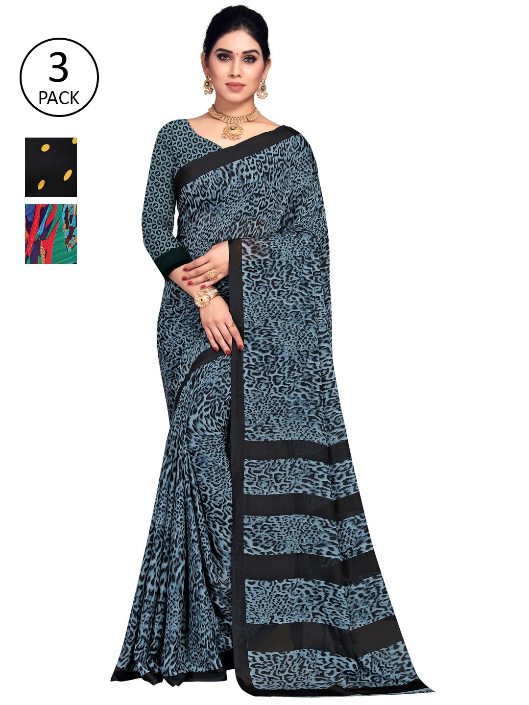 

KALINI Pack of 3 Poly Georgette Sarees, Teal